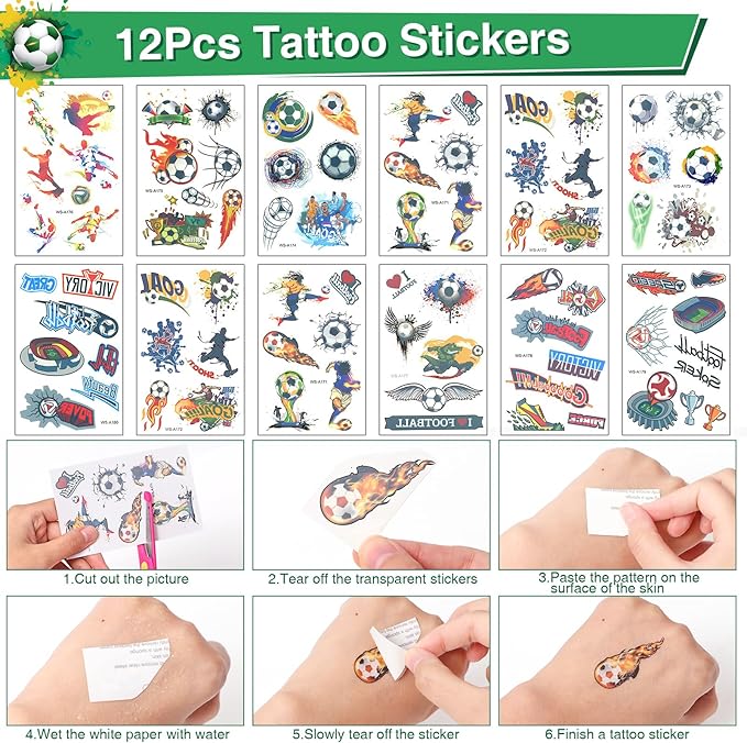 Winrayk 12 Sets Soccer Party Favors Sports Birthday Supplies, Drawstring Bag Silicone Bracelet Keychain Tattoo Sticker, Goodie Stuffer Pinata Filler Teen Kids Boys Soccer Birthday Party Decorations