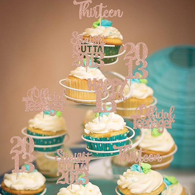 30PCS 13th Birthday Cupcake Toppers Glitter Thirteen Happy 13 Straight Outta 2013 Cupcake Picks for Cheers to 13 Years 13th Birthday Anniversary Party Decorations Supplies Rose Gold