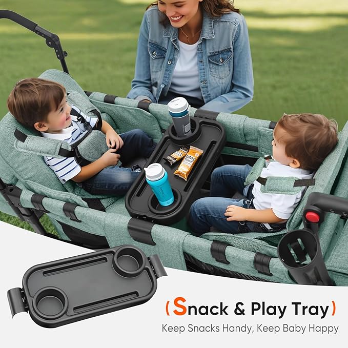 Sekey Wagon Stroller for 2 Kids, Luxury 4-in-1 Stroller Wagon - Premium Quality with Convertible Seats, Adjustable Push Handles, Removable Canopy, Snack Tray & Cooler, US Certified. Green