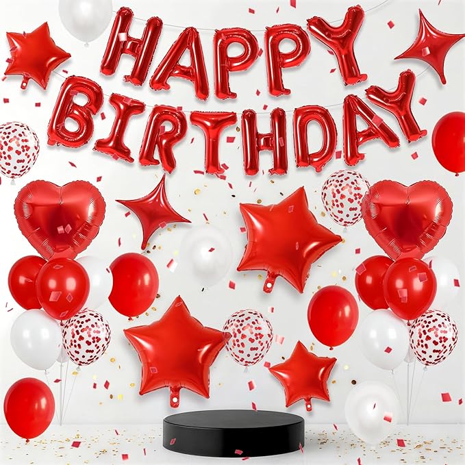 Red White Birthday Decorations for Women Girls Dark Red Metallic Pearl Whte Confetti Party Balloon Happy Birthday Banner Heart Foil Balloons 18/10 Inch Star Balloons for Bday Party Supplies