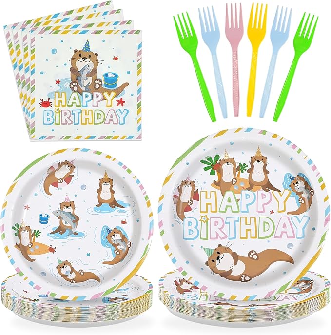 96Pcs Happy Birthday Decorations Otter Birthday Plates and Napkins Under the Sea Otter Decoration Favors for Kids Beach Ocean Animal Themed Bday Baby Shower Party Supplies Serves 24