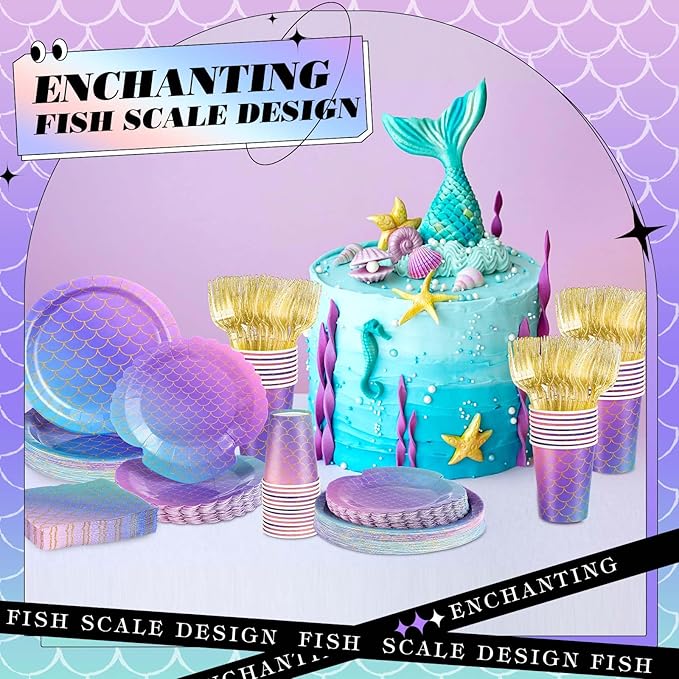 120 Pcs Mermaid Party Supplies Mermaids Themed Decorations Under the Sea Disposable Dinnerware Set Includes Plates Napkins Cups Fork for Birthday Party, Serves 24 Guests