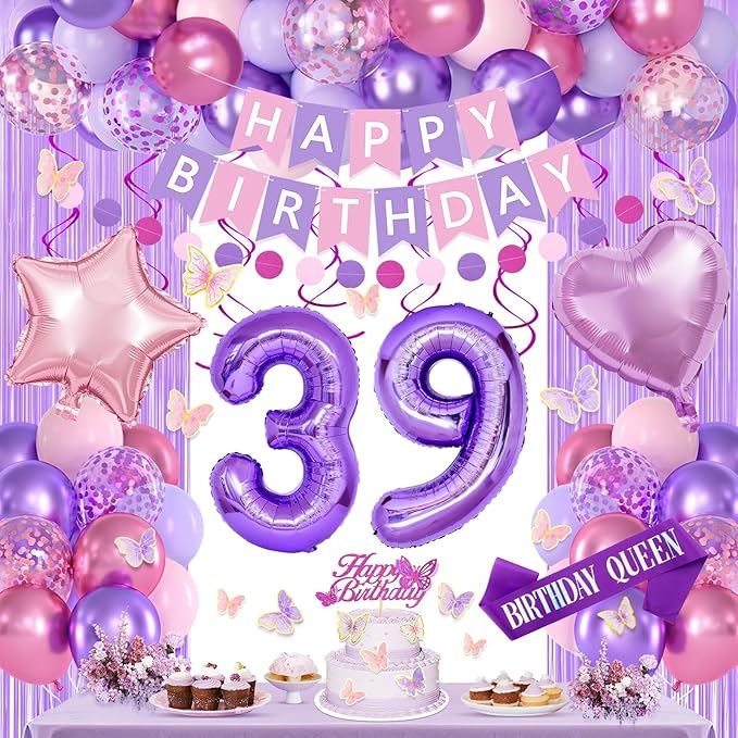 39th Purple Birthday Decorations for Women, Pink and Purple Happy 39 Birthday Party Decorations with Happy Birthday Banner, Number Foil Balloons, Butterfly Cake Topper for 39th Party Supplies