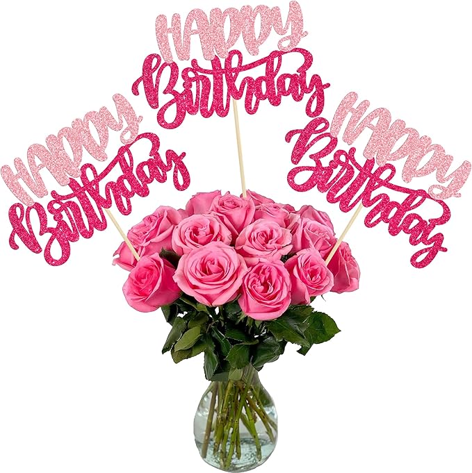 Gyufise 12Pcs Happy Birthday Centerpieces Sticks Double Sided Glitter Birthday Party Decorations Anniversary Table Flower Centerpiece for Celebrating Party Supplies Pink Rose Red