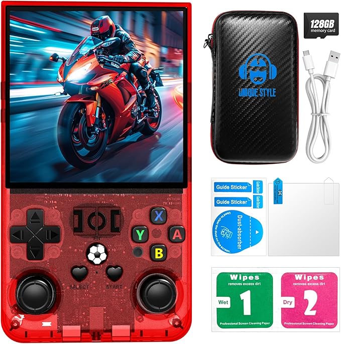 R36MAX Retro Handheld Game Console, 4.0-Inch IPS Display, 720x720 Resolution, Linux System, 64GB Support 18,000+ Classic Games, 4000mah Battery, with Portable Case(Red 128GB)