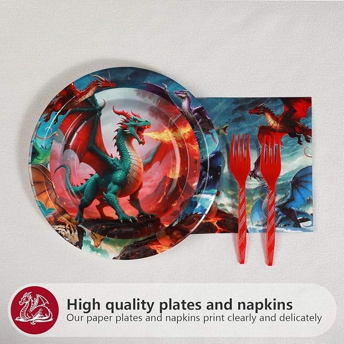 Grencian 96Pcs Dragon Birthday Party Supplies - Red Fire Dragon Party Plates and Napkins Disposable Dragons Theme Dessert Tableware Set for Kids Boys Fantasy Birthday Supplies Serves 24