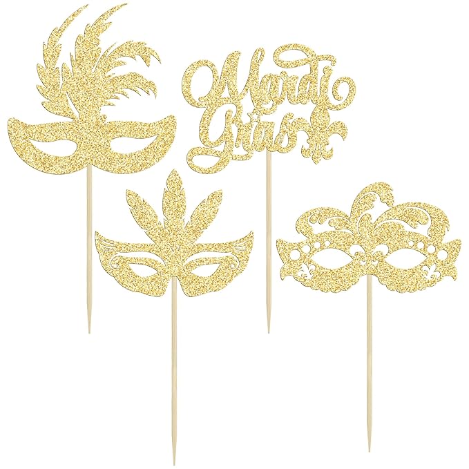 Gyufise 24Pcs Mardi Gras Cupcake Toppers Glitter Masquerade Masks Cupcake Picks Mardi Gras Party Baby Shower Birthday Cake Decorations Party Supplies Gold