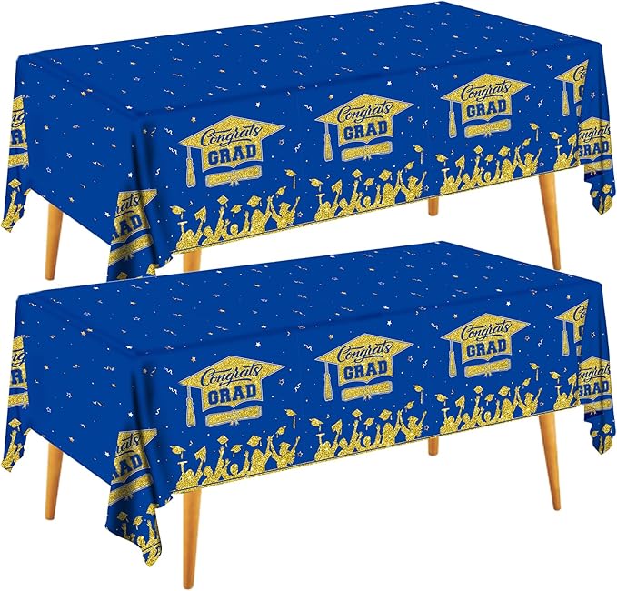 Graduation Decorations 2026-2 Pcs Blue and Gold Gongrats Grad Tablecover for Graduation Party Decorations, Class Blue Plastic Table Covers 54"x108"