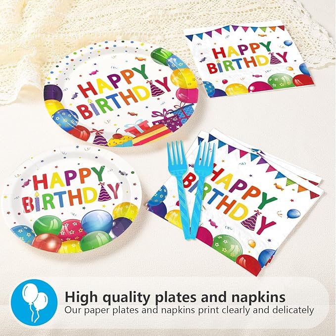 96Pcs Happy Birthday Decorations Colorful Dots Happy Birthday Plates and Napkins Disposable Rainbow Multicolor Decorations Tableware Set for Kids Boys Girls Birthday Party Supplies Serves 24