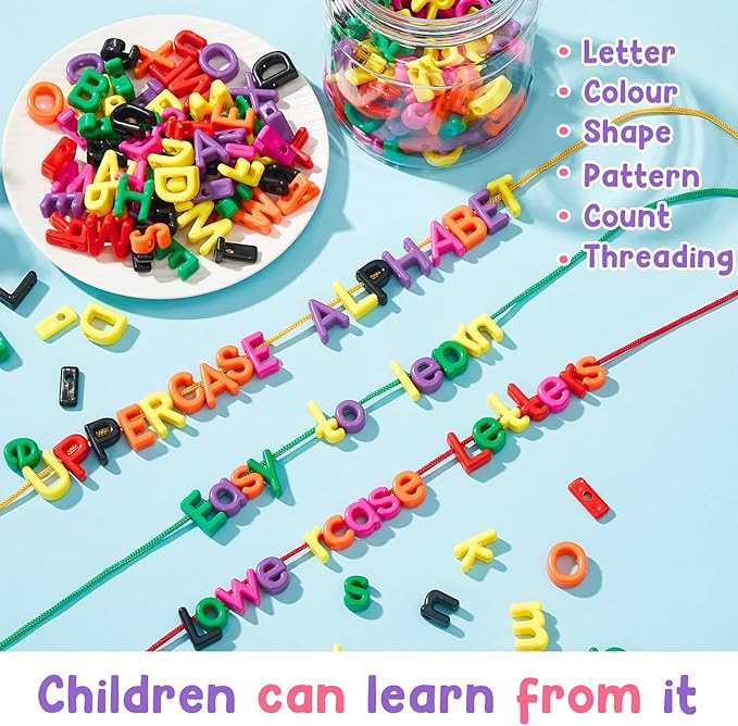 Wesiti Lacing Letters Beads Alphabet Learning Toys Toddler ABC Alphabet Beads Lacing Sports Skills Toys for Preschool Games Homeschool Supplies Early Spelling(Lowercase Uppercase Letters,408 Pcs)