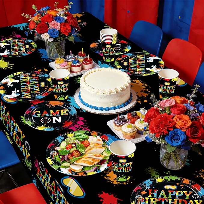 170Pcs Paintball Birthday Party Decorations Colorful Splash Shooting Game Themed Plates Napkins Cups Forks Knives Spoons Tablecloths for Kids Boy Birthday Baby Shower Holiday Party Supplies Serves 24
