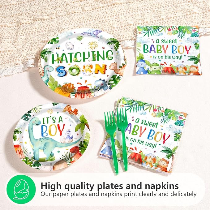 Grencian 96Pcs Dinosaur Baby Shower Decorations Watercolor Dinosaur Plates and Napkins Disposable Hatching Soon Baby Shower Tableware Set for Dino Baby Shower Boy Birthday Party Supplies, Serves 24