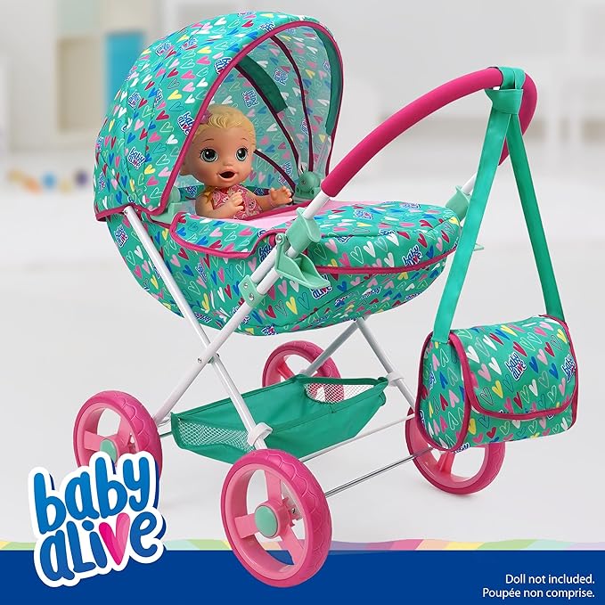 Baby Alive: Deluxe Classic Doll Pram - Green, Pink, Hearts - Accessory for Dolls Up to 18", Matching Shoulder Bag, Foldable, Storage, Kids Toy, Age 3+