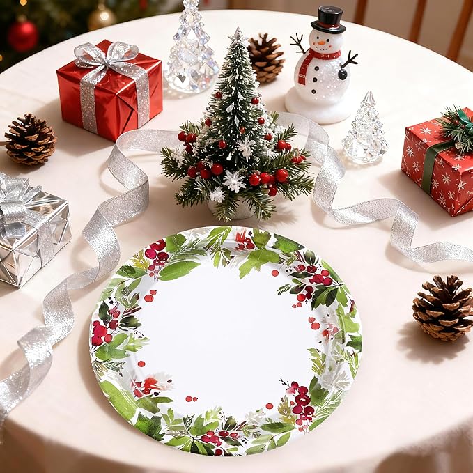 50Pcs Christmas Paper Plates 10" Watercolor Holly Plates Disposable Mistletoe Berry Platter Dinner Tableware Christmas Party Decorations for Seasonal Winter Holiday Party Supplies