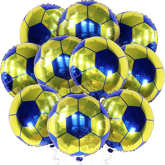 KatchOn, Yellow and Blue Soccer Balloons - 18 Inch, Pack of 10 | Soccer Birthday Party Decorations for Football Party Decoration, Sports Themed Party Decorations | Blue and Yellow Balloons