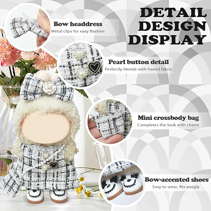 Clothes Compatible with LABUBU Doll – 4PCS Elegant Tweed Set, 17cm Doll Clothes Designer Outfit for Classic Monochrome Theme, Chic Stylish Accessories for Labubu, No Doll (Coco White Check)