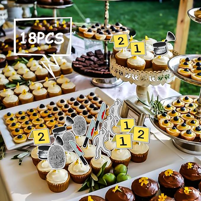 18pcs Glitter Detective Fingerprint Suspect Dessert Cupcake Topper Mystery Crime Clue Evidence Theme Men Women Girls Boys Happy Birthday Party Decor Supplies Decorations