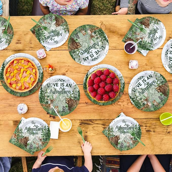 96Pcs Woodland Bridal Shower Decorations The Adventure Begins Plates and Napkins Forest Theme Tableware Set for Girls Women Woodland Bridal Shower Engagement Wedding Party Supplies Serves 24