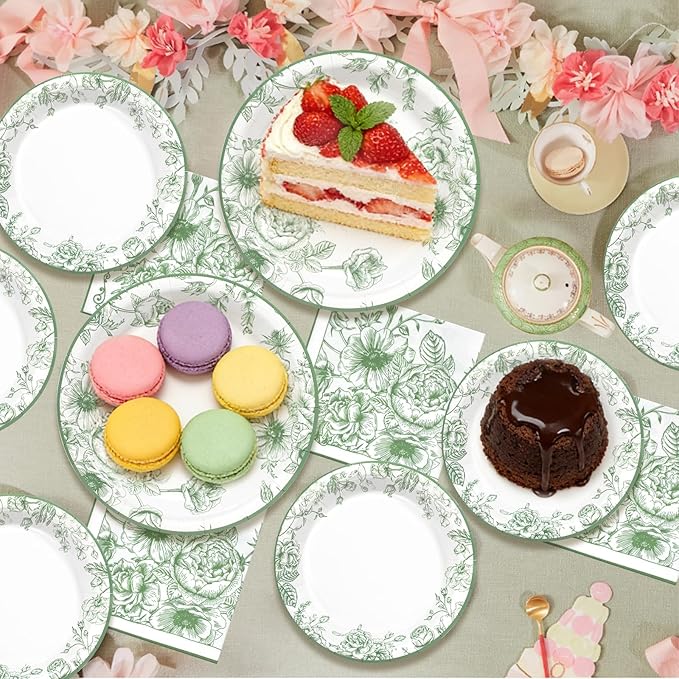 180pcs Sage Green Floral Plates and Napkins Set,Sage Green Party Decorations for Bridal Baby Shower Wedding Tea Party Supplies,Serve 60 Guests