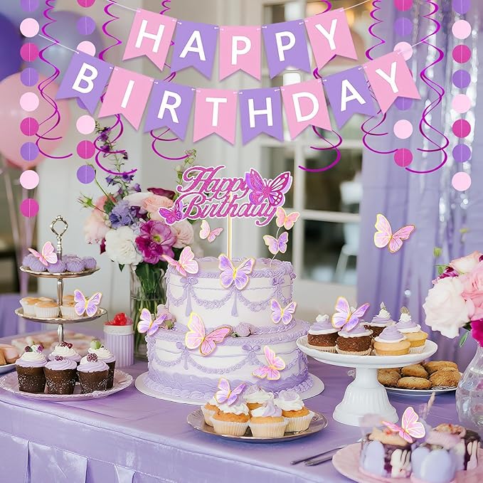 20th Purple Birthday Decorations for Women, Pink and Purple Happy 20 Birthday Party Decorations with Happy Birthday Banner, Number Foil Balloons, Butterfly Cake Topper for 20th Party Supplies