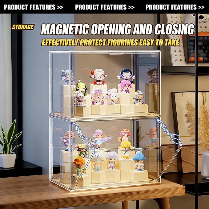 Acrylic Display Case with LED Lights for Lego & Popmart, Stackable Clear Storage Box with Magnetic Door, Dustproof Showcase Organizer for Action Figures, Collectibles