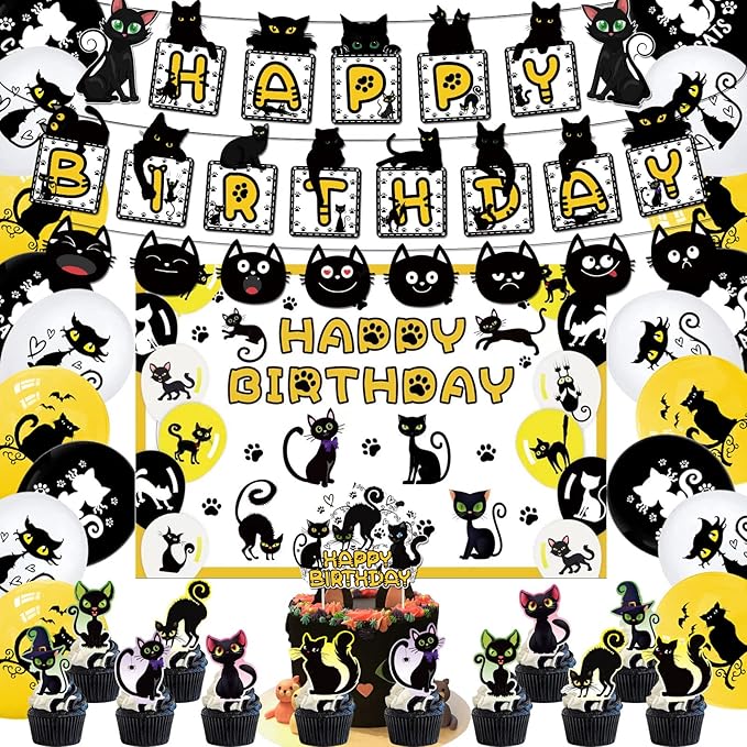 Cat Themed Party Decoration Black Cat Birthday Party Supplies Set Includes 5 x 3ft Black Cat Backdrops, Cat Happy Birthday Banner, Cake Topper, Cupcake Toppers, Balloons
