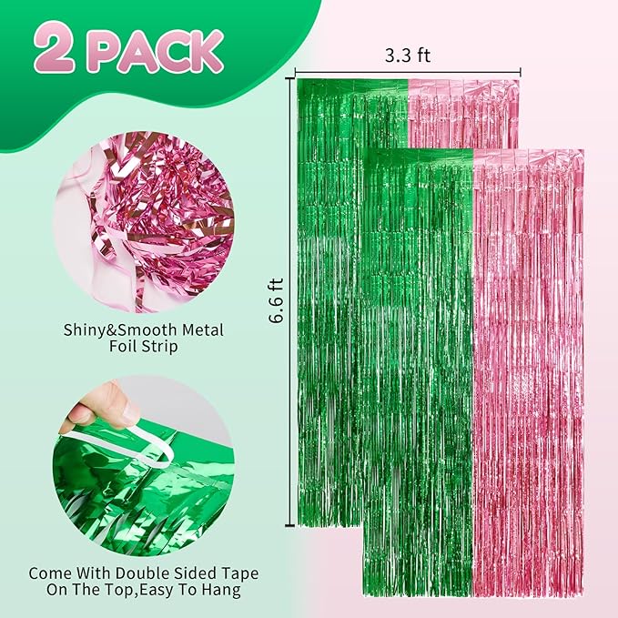 4 Pack Pink and Green Party Decorations Tinsel Foil Fringe Backdrop 3.3’x6.6’, Wicked Party & Halloween Streamer, Durable Metallic Tassel Create Photo Booth & Entrance