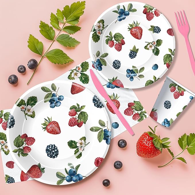 Berry Party Decorations Tableware - Blueberry Strawberry Birthday Party Supplies, Paper Plate, Cup, Napkin, Fork, Berry Sweet Birthday Baby Shower Table Decorations Dinnerware | Serve 24