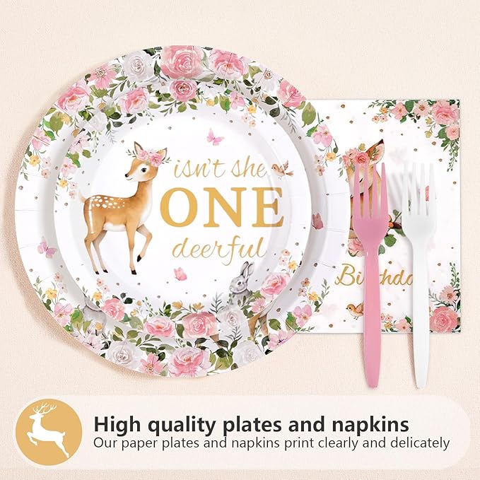 96Pcs Pink Deer Girl 1st Birthday Party Supplies Isn't She Onedeerful Plates and Napkins Pink Floral Deer Tableware Set for One Year Girl Floral 1st Birthday Baby Shower Party Supplies，Serves 24