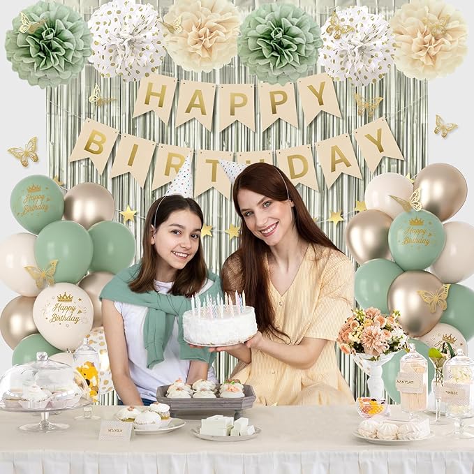 Sage Green Birthday Decorations for Women Girls, Green Sand Gold Confetti Metallic Printed Balloons Butterfly Stickers Fringe Curtain Happy Birthday Banner Star Garland Paper Pompoms Party Supplies