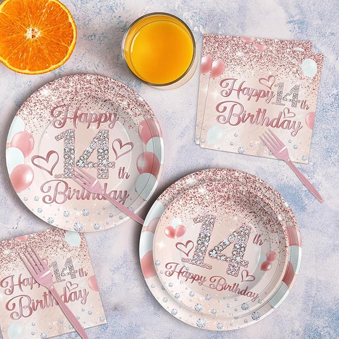 Grencian 96Pcs 14th Birthday Party Supplies Disposable Rose Gold 14 Year Old Birthday Plates Napkins Forks Tableware Set 14th Birthday Decorations for Girls Happy 14th Birthday Fabulous Party Serve 24