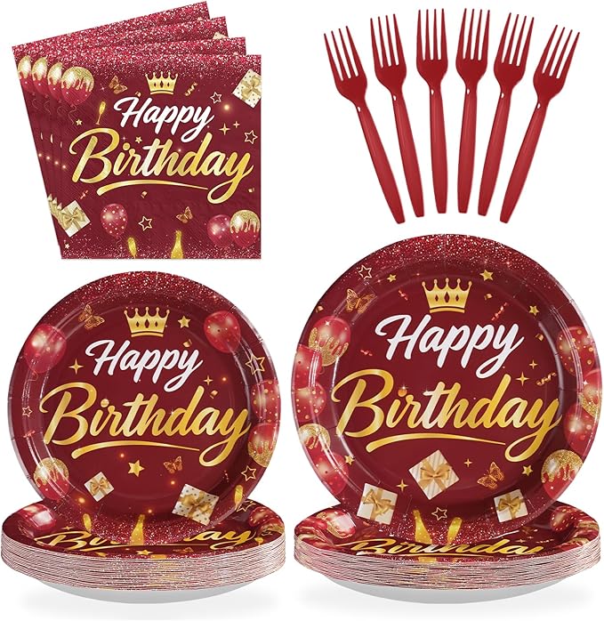 96Pcs Burgundy Birthday Party Decorations Maroon Wine Red Gold Birthday Paper Plates and Napkins Sets Red Golden Burgundy Theme Decorations for Winter Holiday Bday Dinner Party Supplies Serves 24