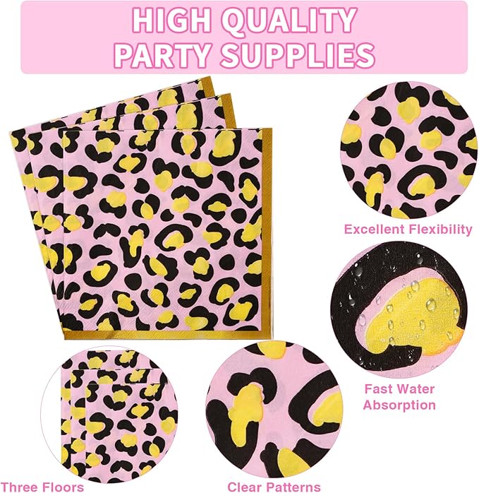 Grencian 96Pcs Cheetah Birthday Party Decorations Pink Leopard Plates and Napkins Cheetah Print Tableware for Women Girls Jungle Safari Animal Leopard Birthday Baby Shower Party Supplies, Serves 24
