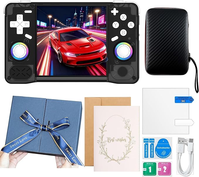 Upgraded XF40H Handheld Game Console,Retro Gaming Console Preloaded with Classic Games,4.0 Inch 4K HD IPS Screen,Portable Pocket Video Gaming with Valentine's Card & Premium Gift Box (128Gb Black)