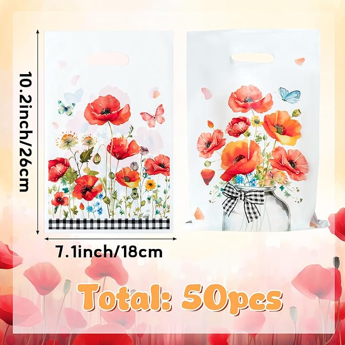 3sscha 50Pcs Red Poppy Party Favor Bag - Flower Butterfly Plastic Waterproof Goodie Bags Spring Summer Bloom Floral Rectangular Treat Bags for Birthday Party Decoration Supplies