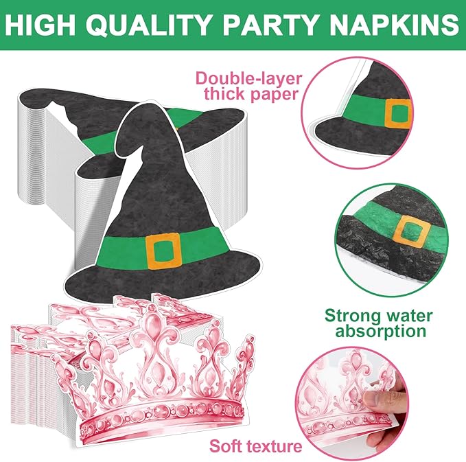 100 Pcs Pink and Green Party Supplies Halloween Witch Paper Plates and Napkins Crown Witch Hat Shape Napkin Disposable Dessert Cake Tableware Set for Women Girls Birthday Baby Shower Party Decorations