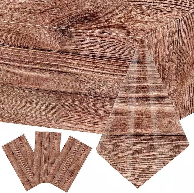 3 Pieces Wood Grain Tablecloths Rustic Wood Looking Plastic Table Covers Rectangle Brown Wood Vintage Farmhouse Table Cloth Decorations for Western Cowboy Barn Themed Birthday Wedding Party Supplies