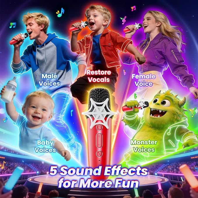 Karaoke Machine for Kids, Red & Blue Glowing Eyes & Rhythm Light, 5 Magic Voice, 2 Wireless Mini Microphone, Portable Bluetooth Speaker, Easter Basket Stuffers Boys Gifts Age 3 4 5 6 7 8 9 10 11 12
