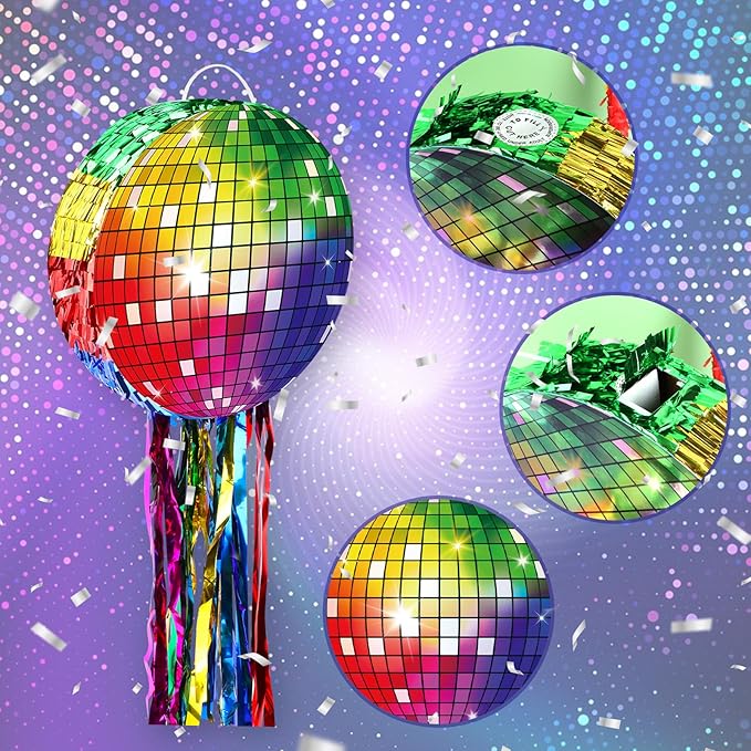 Colorful Disco Ball Pinata with Stick and Blindfold 80s 90s Theme Party Decorations Disco Pinata for Birthday Weddings Roller Skating Party Supplies