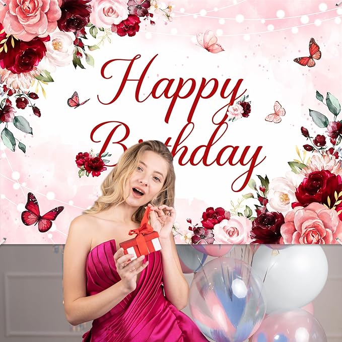 Avezano Floral Happy Birthday Banner for Women Girls Rose Gold Red Floral Birthday Party Decorations for Women Burgundy Flower B-day Party Supplies Banner (7x5ft)