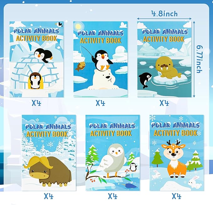 Dvbonike 24Pcs Polar Animals Activity Books for Kids Bulk Winter Mini Fun Games Coloring Book Party Favors Penguin Goodie Bags Stuffers for Christmas Birthday Classroom School Rewards Supplies