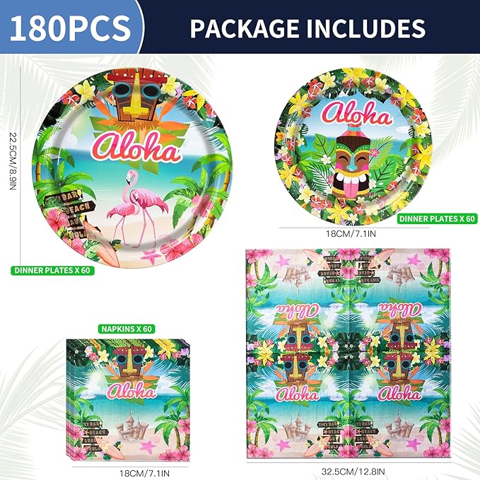 180PCS Hawaiian Aloha Party Supplies Serve 60, Luau Tropical Paper Plates and Napkins Kit for Summer Pool Beach Birthday Party Decorations, Includes Dinner Plates, Dessert Plates, Napkins