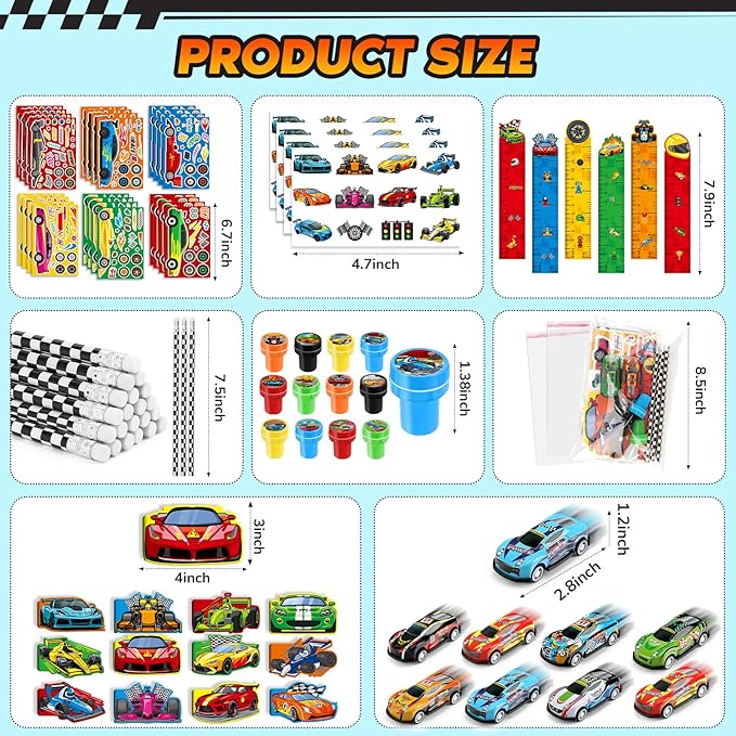 BenLouis 96Pcs Race Car Party Favors Racing Theme School Stationery Set Bulk for Kids Fast Racecar Wheel Birthday Party Goodie Bag Stuffers Classroom Gifts Rewards Pinata Filler