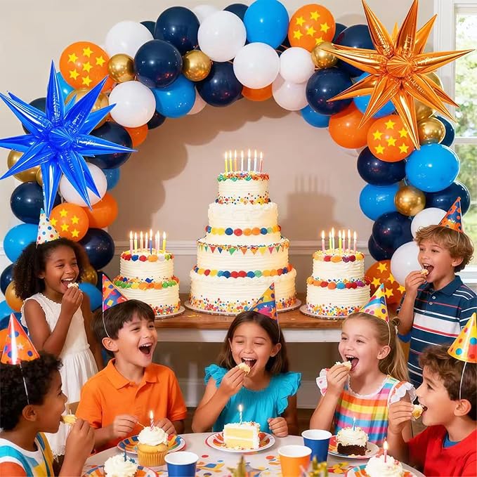 112 Pcs Blue Orange Gold balloon garland Arch Kit, Pentagram Print Balloons for Cartoon Themed Birthday Party Decorations Boys Girls Gatherings Party Supplies