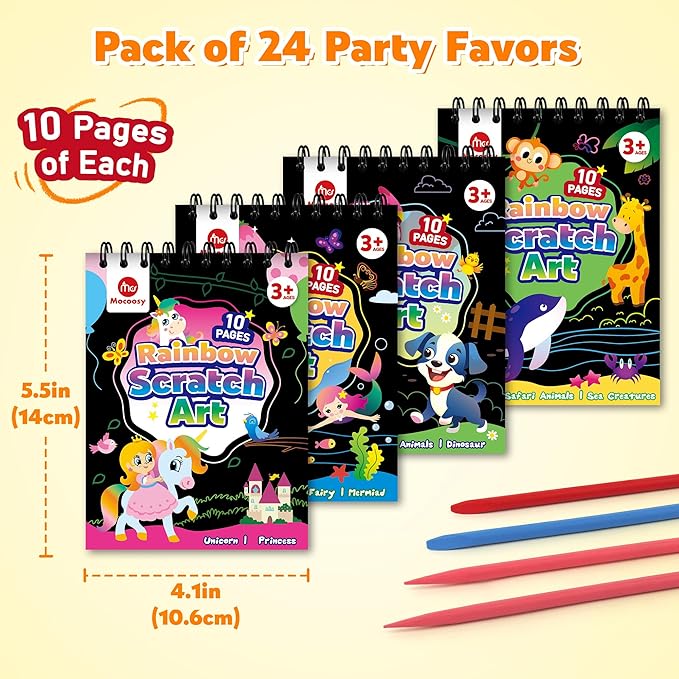 Mocoosy 24 Pack Party Favors for Kids Ages 4-8-12, Easter Basket Stuffers Bulk, Rainbow Scratch Art Notebook, Coloring Book Goodie Bag Stuffers Toddler Boy Girl Birthday Gifts Student Classroom Prizes