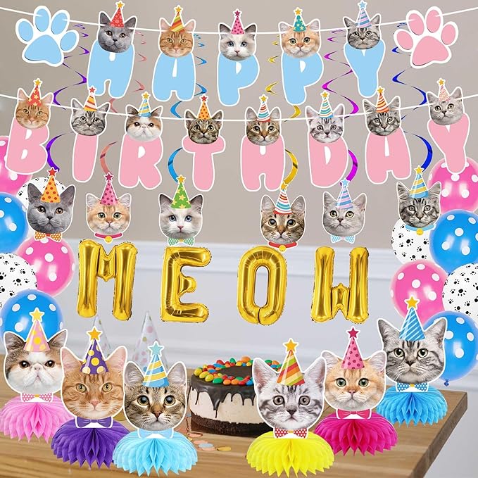 Cat Birthday Party Supplies Party Decorations Includes 1 Birthday Banner, 6 Honeycomb Centerpieces, 6 Hanging Swirls with 6 Cat Cutouts, MEOW Letter Balloons and 12 Balloons