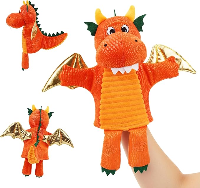 June Garden Plush Dragon Hand Puppet – Orange Fantasy Storytelling Toy with Golden Wings – Pretend Play Adventure for Toddlers and Kids