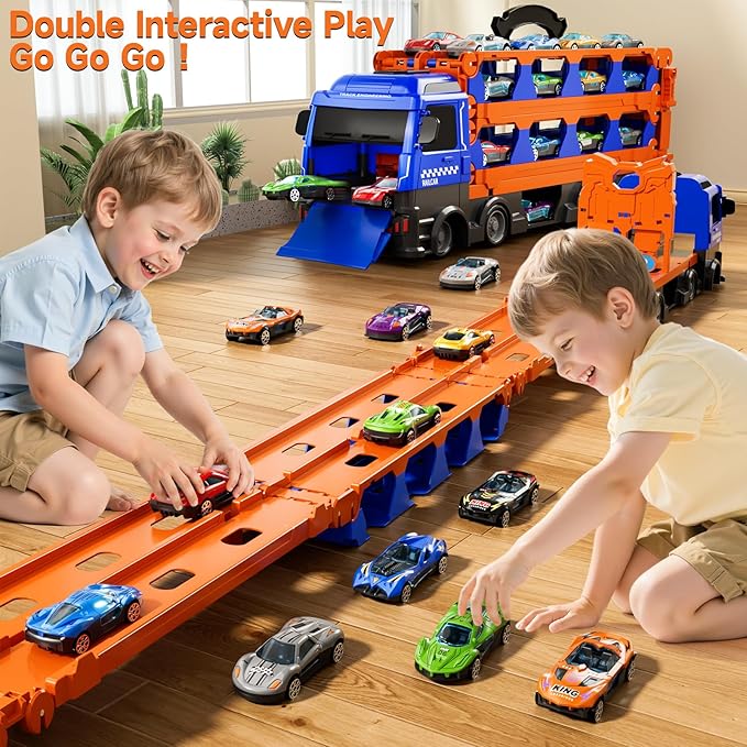 kids Catapult Railcar Toys : Toy Truck for 3 4 5 6 Years Old Kids Boys | 78-Inch Race Track Transport Vehicle & 12 Die-Cast Metal Toy Cars | Toddler Truck Car Toys Set Gifts for Age 3-12 Years Old Kid