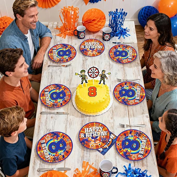 96Pcs Dart War 8th Birthday Party Supplies Dart War 8th Birthday Theme Plates and Napkins Blue and Orange Tableware Set for Boys' 8 Years Old Birthday Party Decoration Serves 24