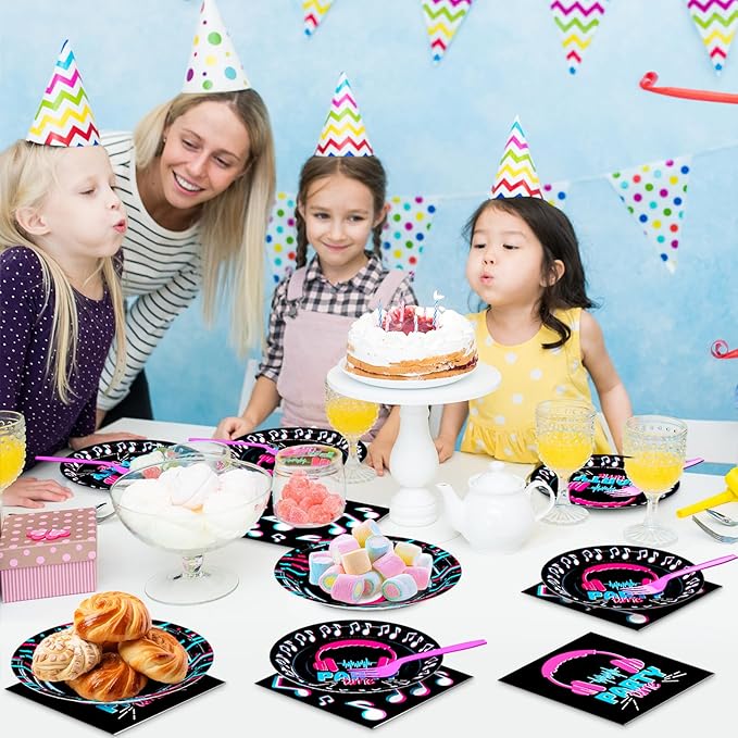 DYLIVeS 96 Pcs Music Party Supplies, Music Theme Birthday Party Decorations Disposable Tableware Packs Music Note Party Supplies for Girls - 9'' and 7'' Plates and Napkins, Forks (Serves 24)